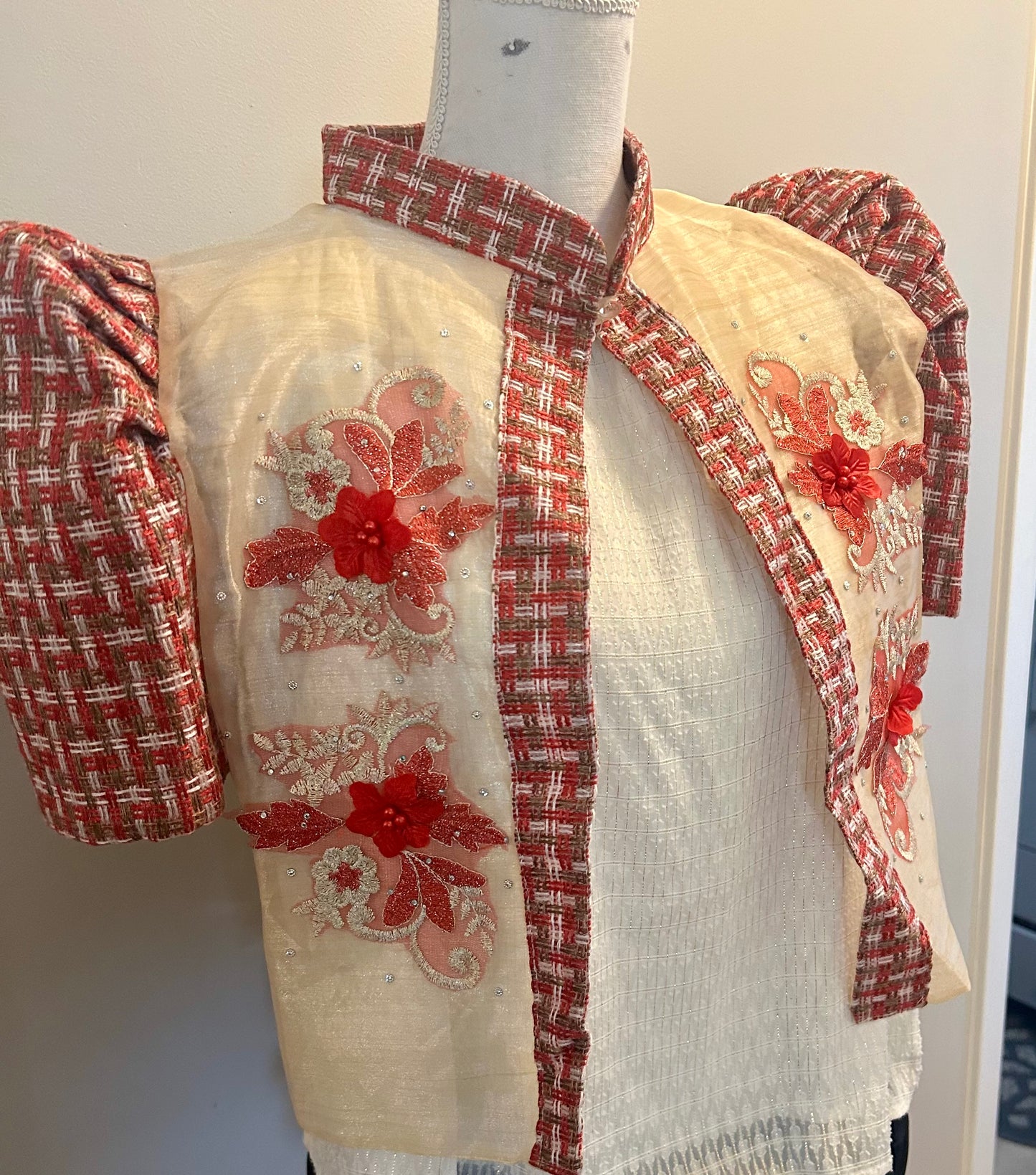 Pink Houndstooth Trim Filipinana Jacket